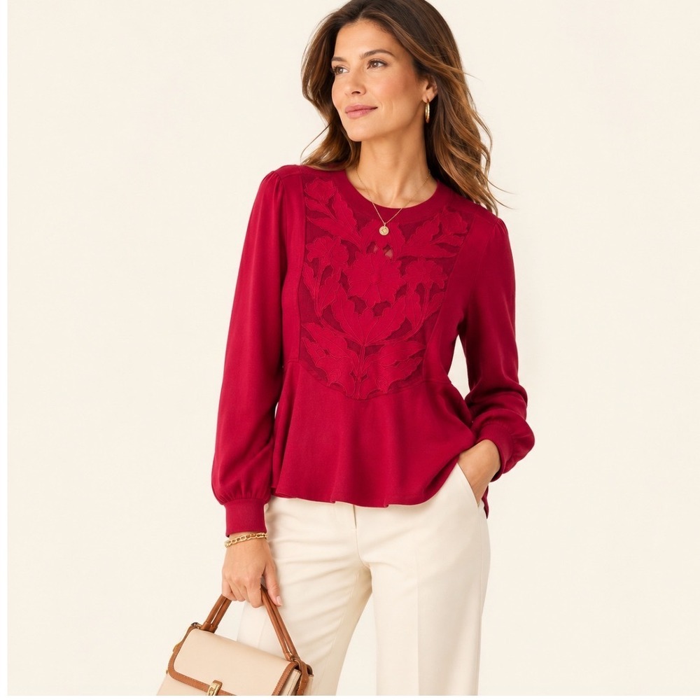Anthropologie Wine Red Lace Peplum Sweatshirt Mock Neck Balloon Sleeve M NEW